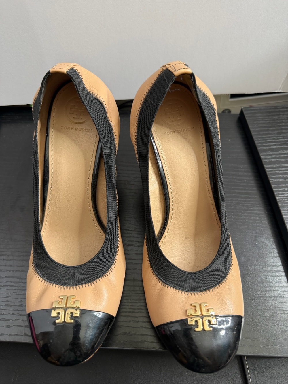 Tory Burch Tan Leather Heels with Black Patent Cap Toe and Gold Logo